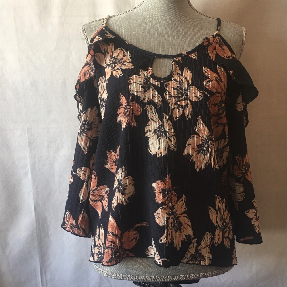 Pleated Navy Blue Floral Cold Shoulder Blouse
